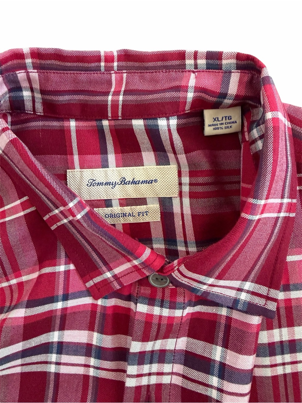 Tommy Bahama Red Plaid 100% Silk Short-Sleeve Button-Down Shirt XL - Picture 3 of 4
